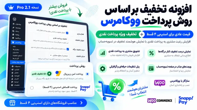 افزونه تخفیف بر اساس روش پرداخت ووکامرس | قیمت عادی برای اسنپپی ۴ قسط + تخفیف پرداخت نقدی