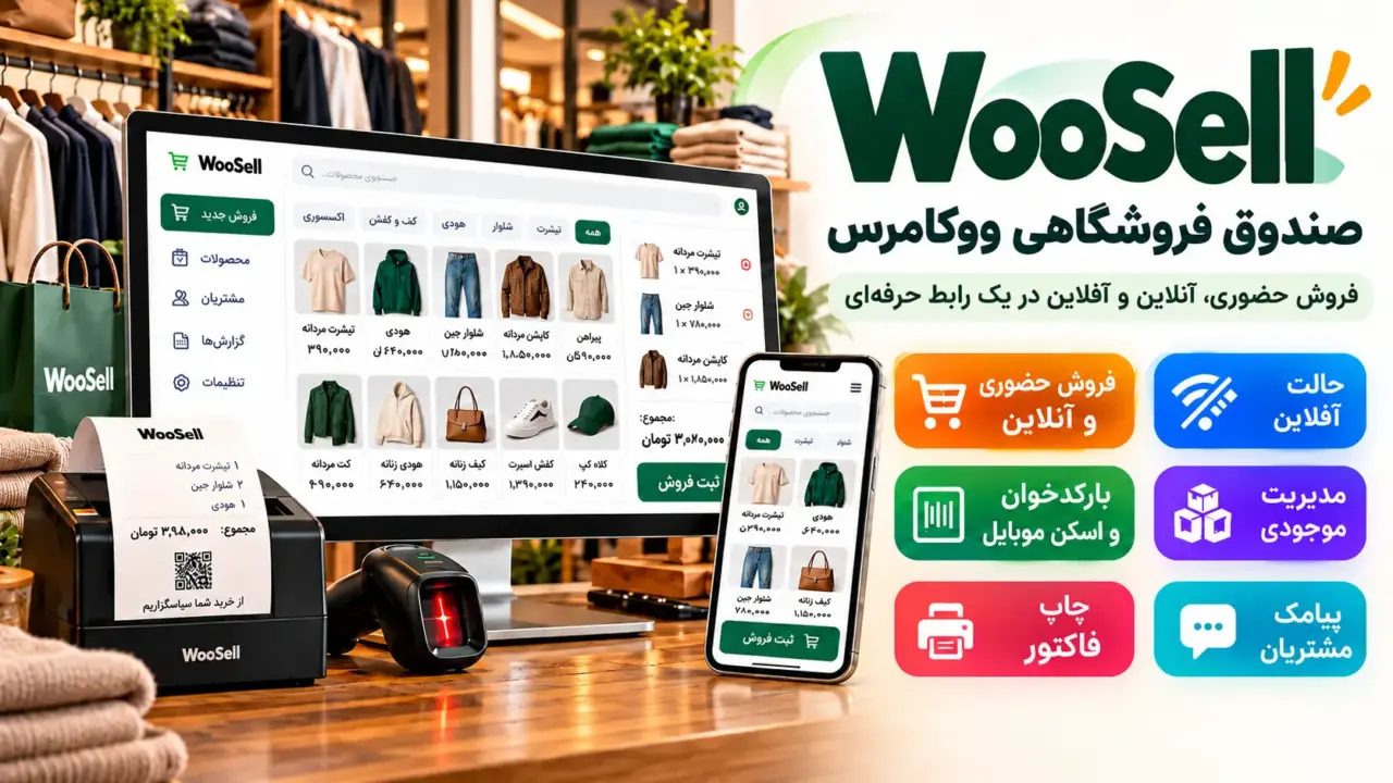 ووسل WooSell | صندوق فروشگاهی ووکامرس با پوشاک در نمایشگر رایانه و موبایل