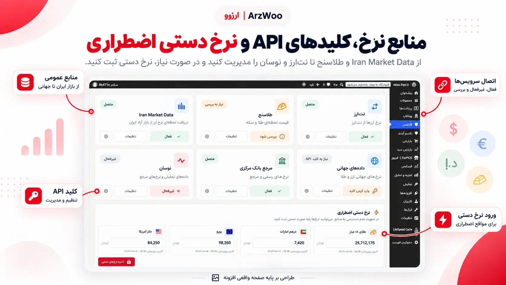 منابع نرخ ارز و طلا کلید API و ورود نرخ دستی اضطراری ارزوو