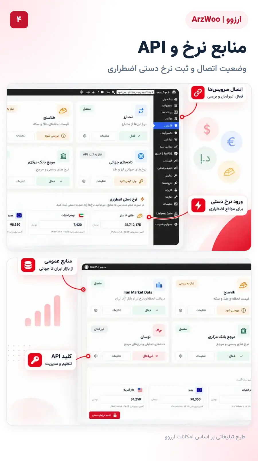 منابع نرخ ارز و طلا کلید API و ورود نرخ دستی اضطراری ارزوو؛ نمای نزدیک ویژه موبایل