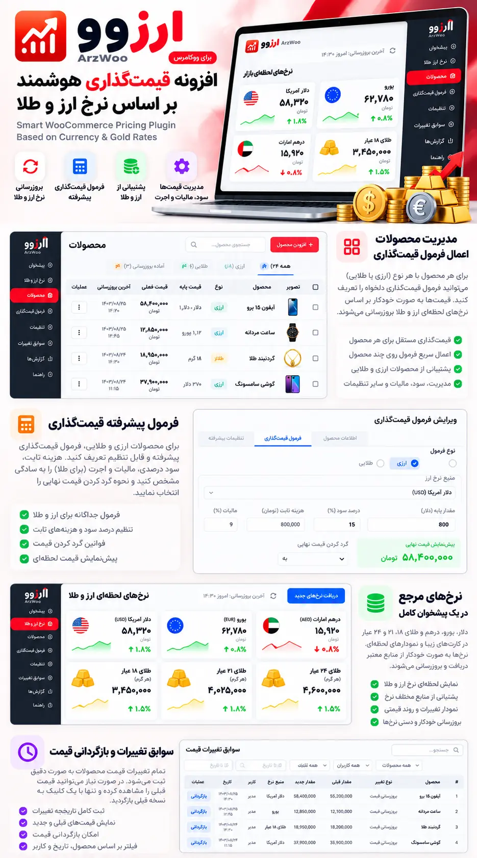 افزونه قیمت گذاری ووکامرس بر اساس نرخ ارز و طلا؛ پیشخوان ارزوو و مدیریت محصولات و سوابق تغییر قیمت